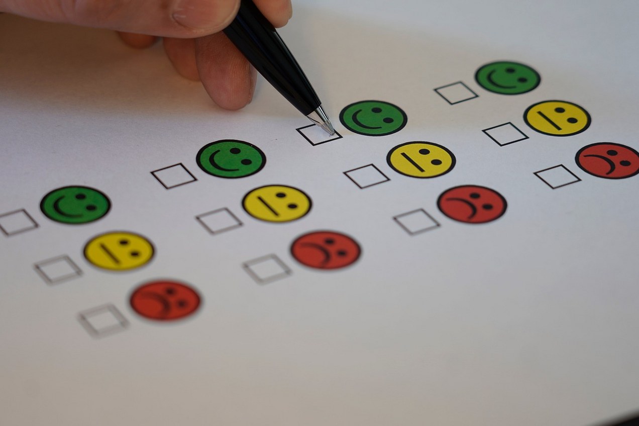 Onderzoeksformulier met emoticon groen, geel en rood om aan te vinken