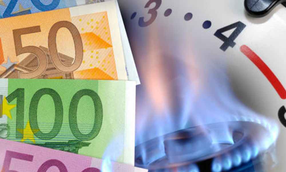 Plaatje met geldbiljetten, gas en thermostaat